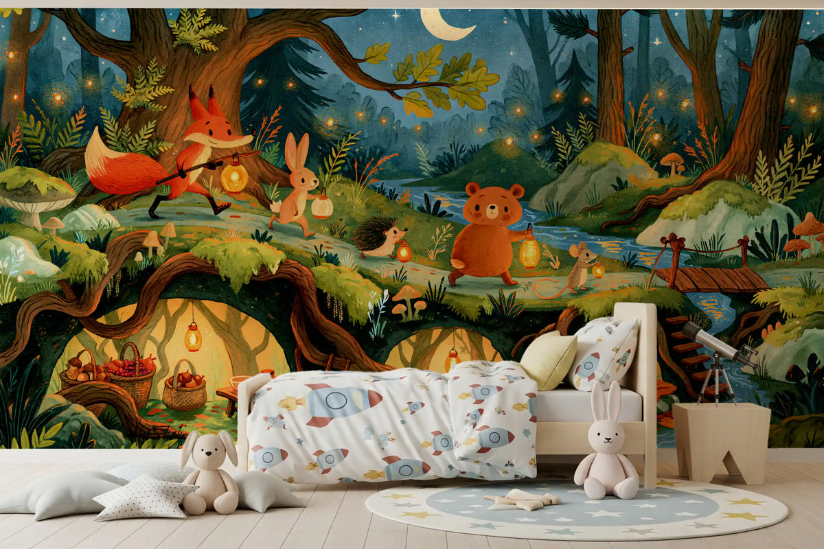 Enchanted Forest Friends Night Walk With Lanterns Wall Mural