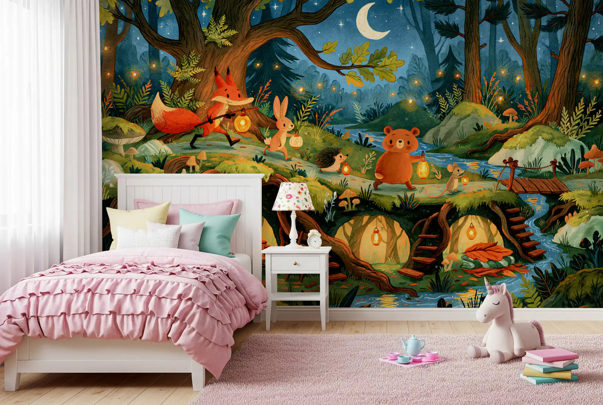Enchanted Forest Friends Night Walk With Lanterns Wall Mural
