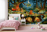 Enchanted Forest Friends Night Walk With Lanterns Wall Mural