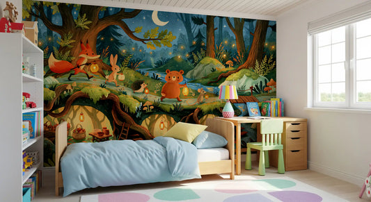 Enchanted Forest Friends Night Walk With Lanterns Wall Mural