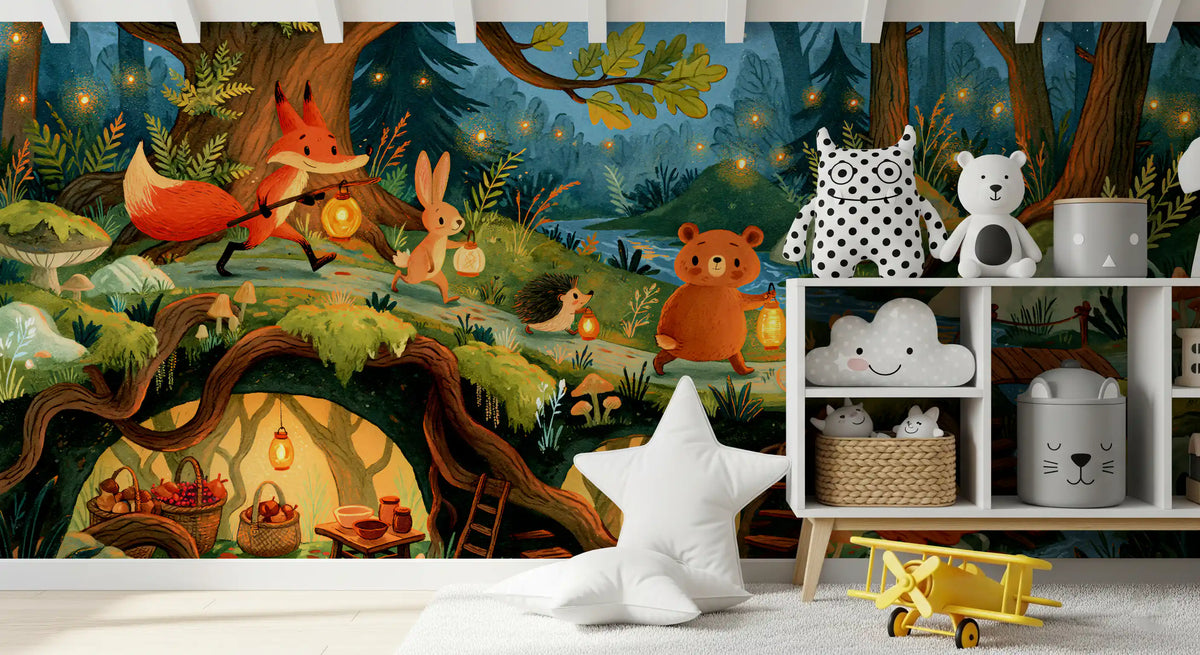 Enchanted Forest Friends Night Walk With Lanterns Wall Mural