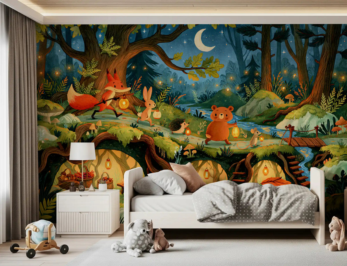 Enchanted Forest Friends Night Walk With Lanterns Wall Mural