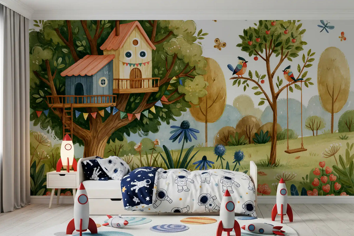 Whimsical Treehouse Garden Scene Wall Mural