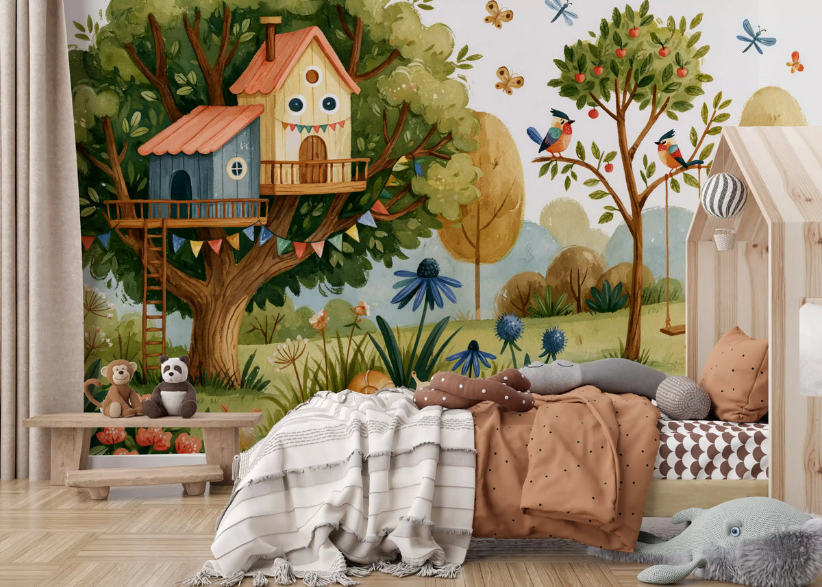 Whimsical Treehouse Garden Scene Wall Mural