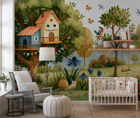 Whimsical Treehouse Garden Scene Wall Mural