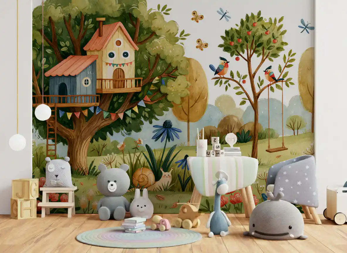 Whimsical Treehouse Garden Scene Wall Mural