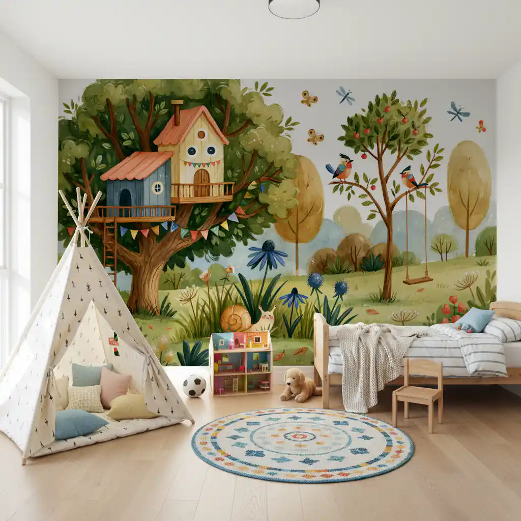 Whimsical Treehouse Garden Scene Wall Mural