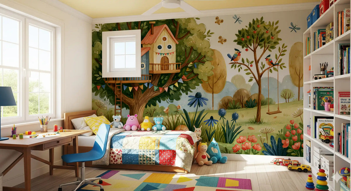 Whimsical Treehouse Garden Scene Wall Mural