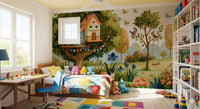 Whimsical Treehouse Garden Scene Wall Mural