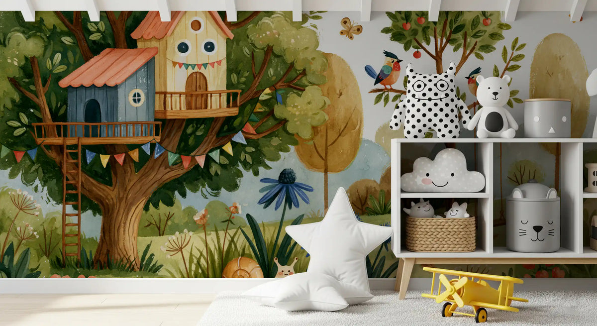 Whimsical Treehouse Garden Scene Wall Mural