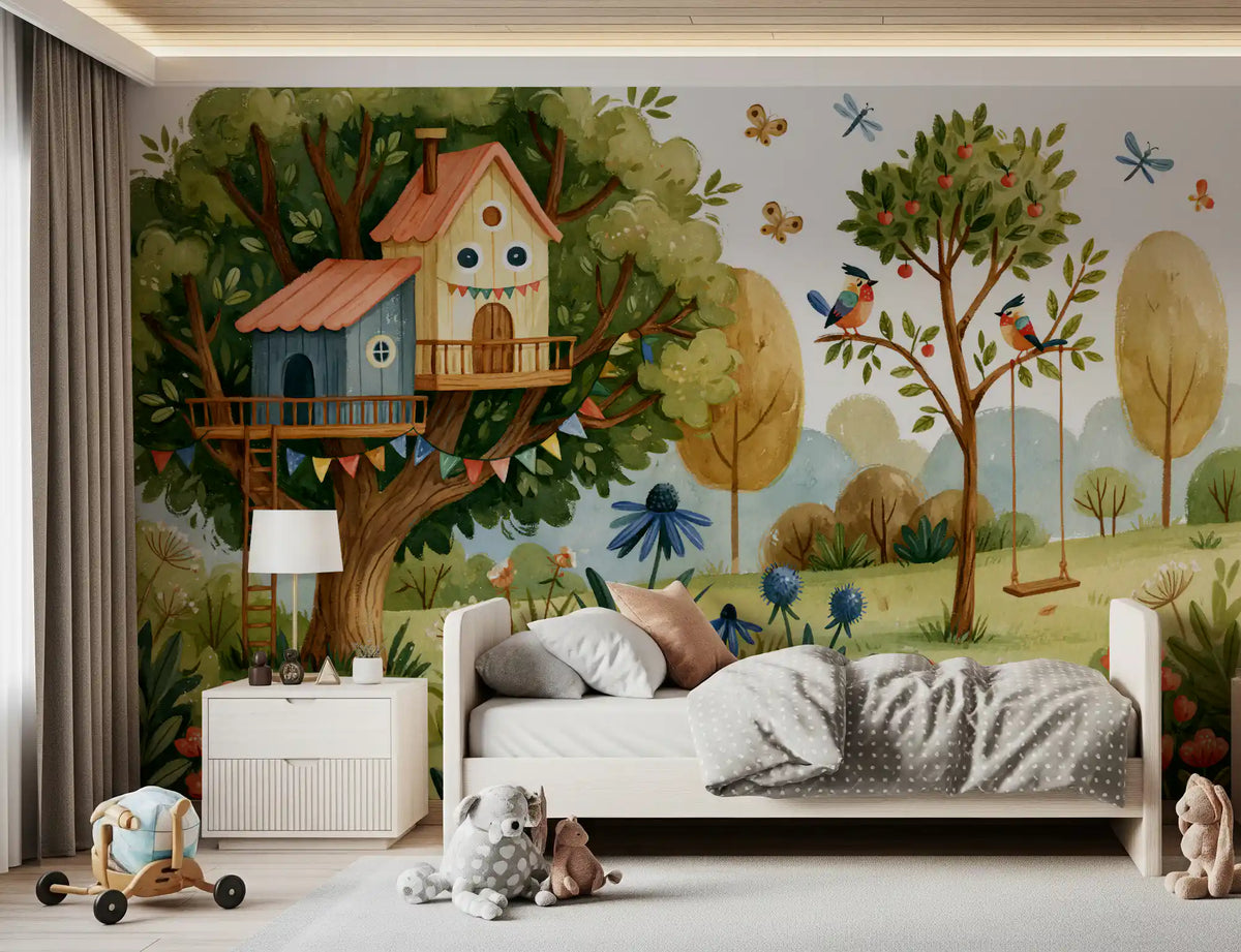 Whimsical Treehouse Garden Scene Wall Mural