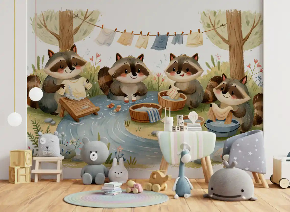 Woodland Friends Raccoons Streamside Wash Day Wall Mural