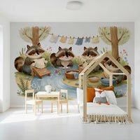 Woodland Friends Raccoons Streamside Wash Day Wall Mural