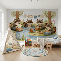 Woodland Friends Raccoons Streamside Wash Day Wall Mural