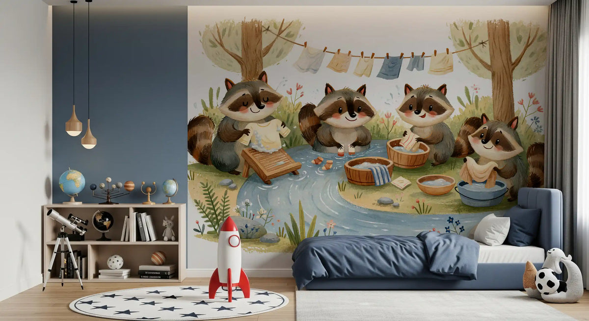 Woodland Friends Raccoons Streamside Wash Day Wall Mural
