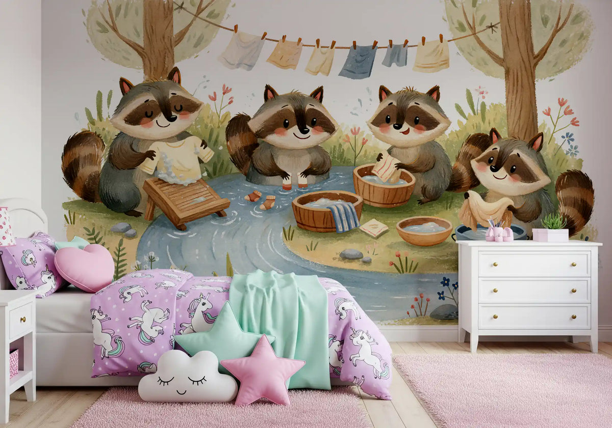 Woodland Friends Raccoons Streamside Wash Day Wall Mural