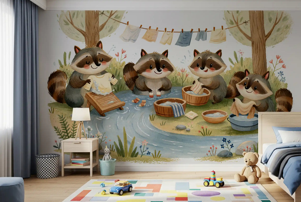 Woodland Friends Raccoons Streamside Wash Day Wall Mural
