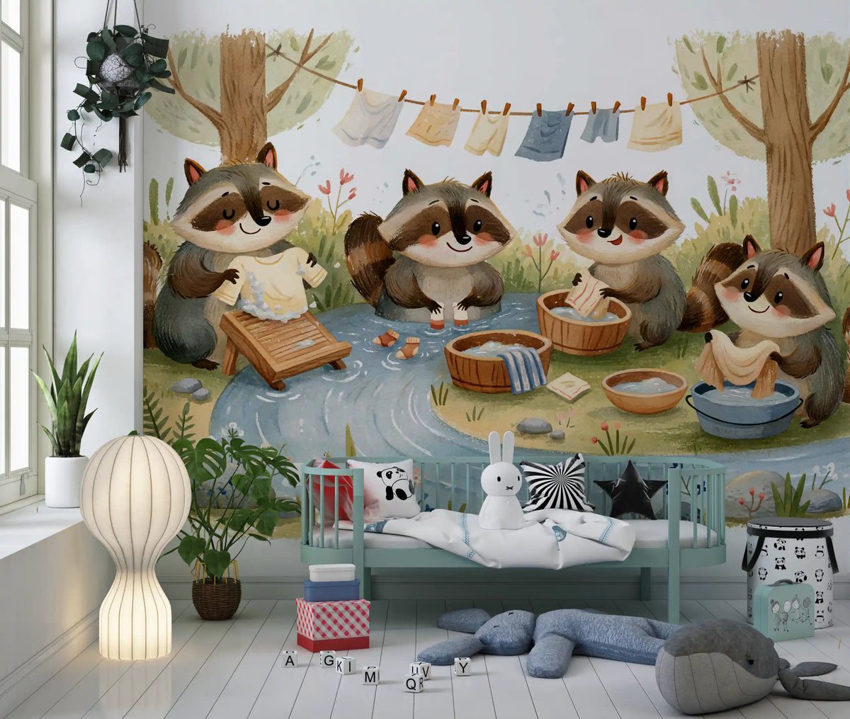 Woodland Friends Raccoons Streamside Wash Day Wall Mural
