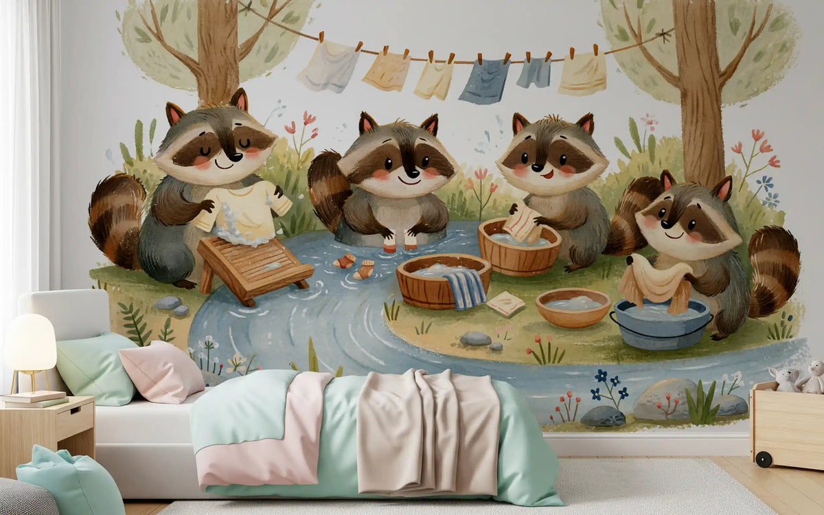 Woodland Friends Raccoons Streamside Wash Day Wall Mural