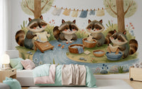 Woodland Friends Raccoons Streamside Wash Day Wall Mural