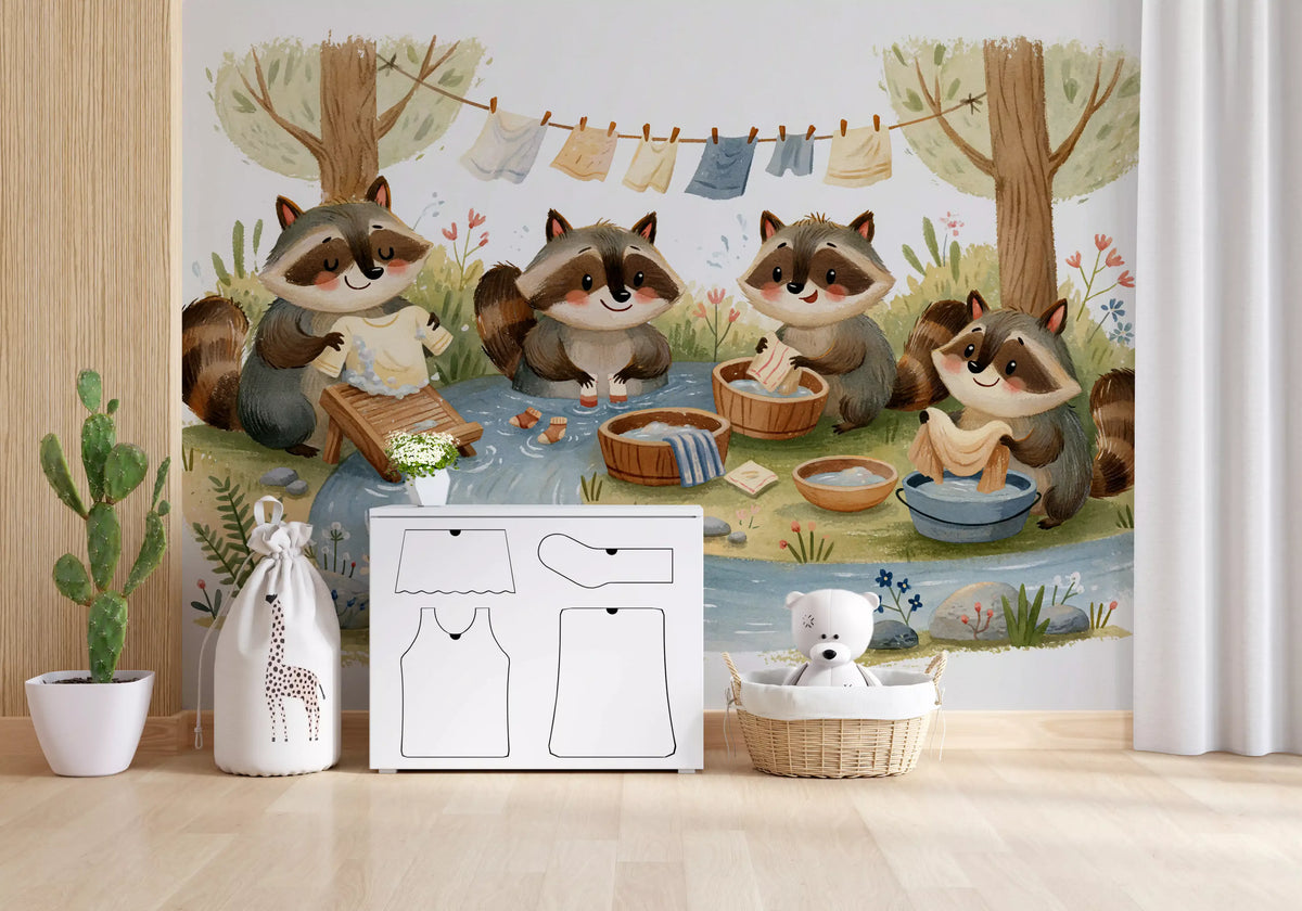 Woodland Friends Raccoons Streamside Wash Day Wall Mural