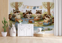 Woodland Friends Raccoons Streamside Wash Day Wall Mural