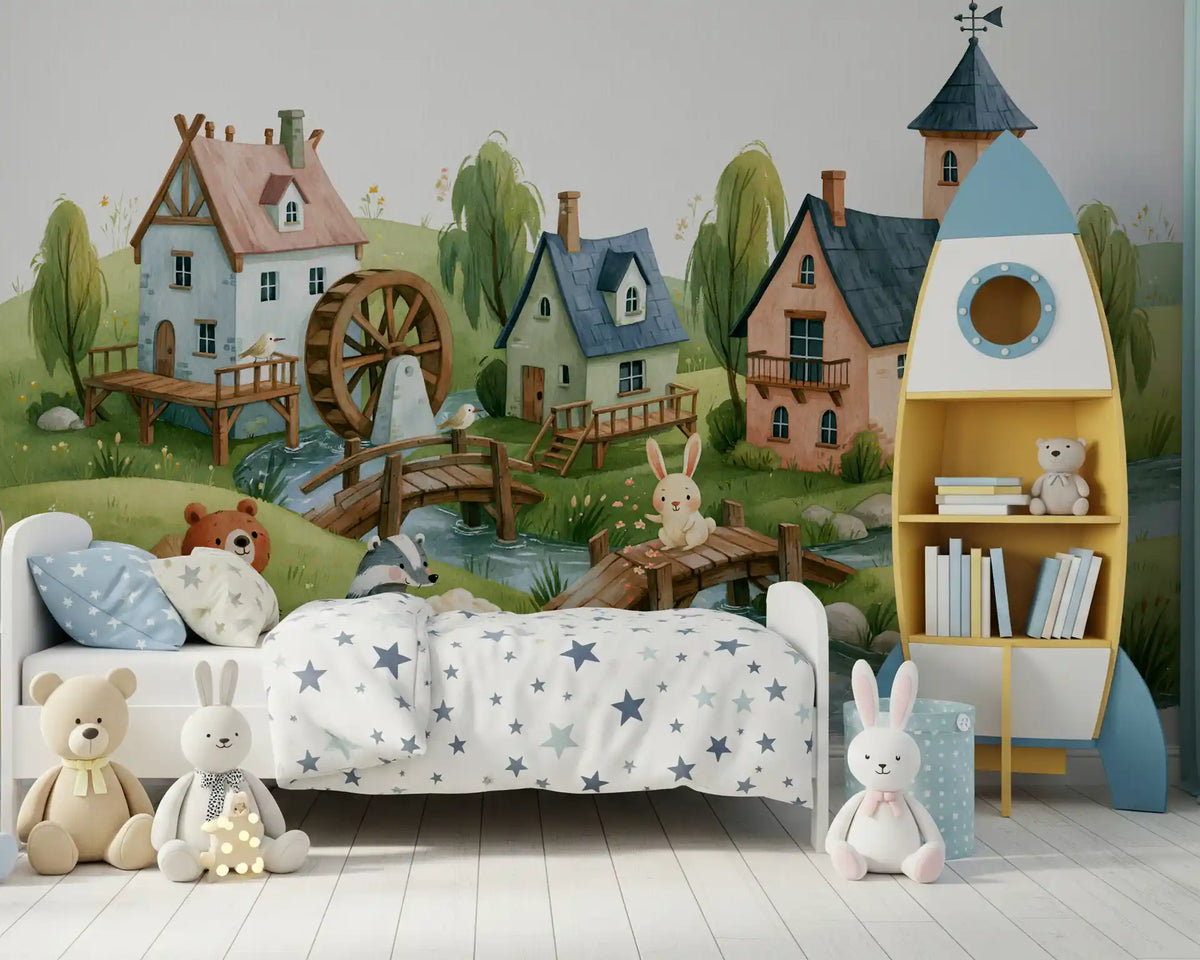 Animated Forest Mill Village Wall Mural