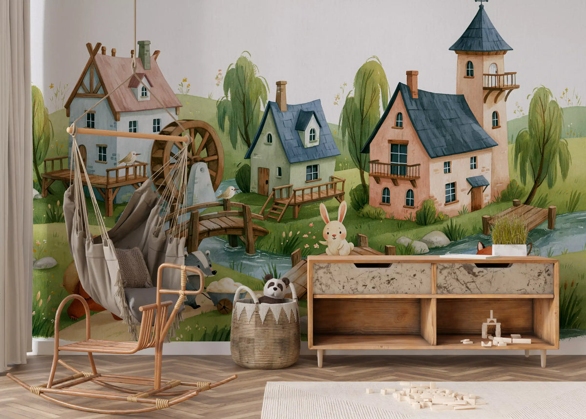 Animated Forest Mill Village Wall Mural