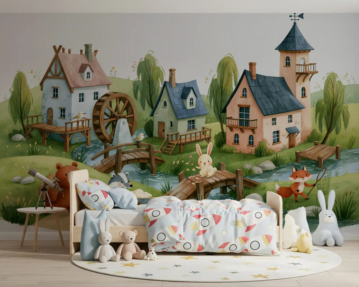 Animated Forest Mill Village Wall Mural