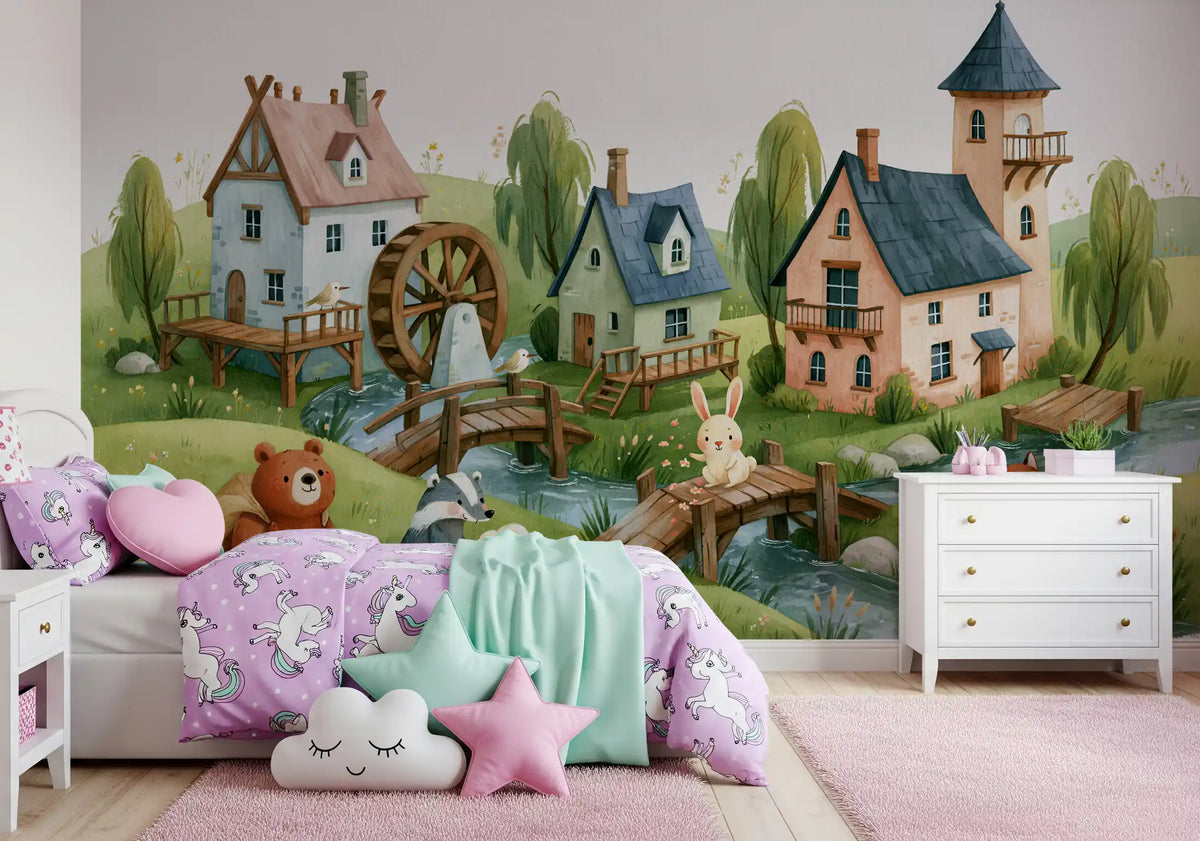 Animated Forest Mill Village Wall Mural