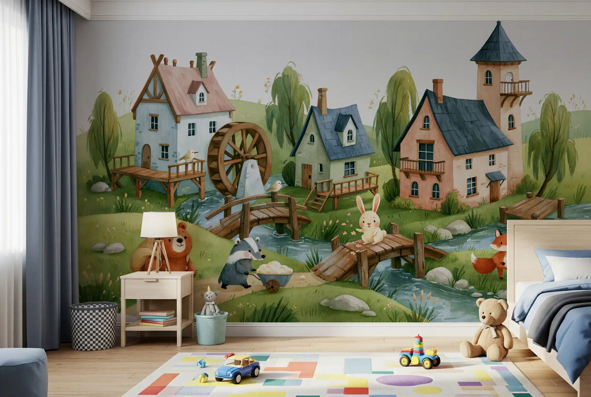 Animated Forest Mill Village Wall Mural