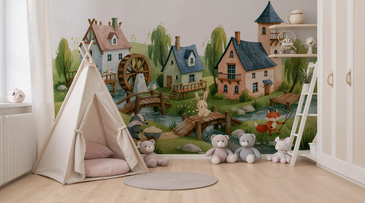 Animated Forest Mill Village Wall Mural