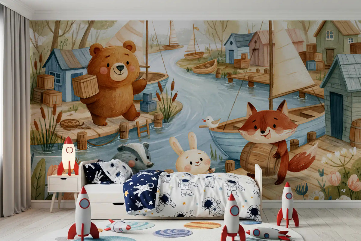 Friendly Woodland Friends at the Docks Wall Mural