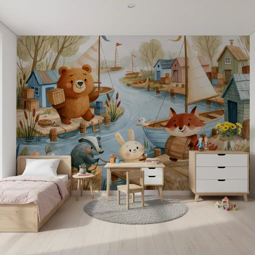 Friendly Woodland Friends at the Docks Wall Mural