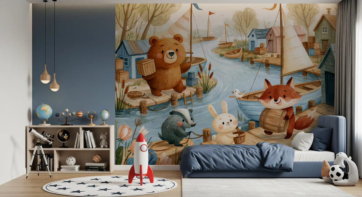 Friendly Woodland Friends at the Docks Wall Mural