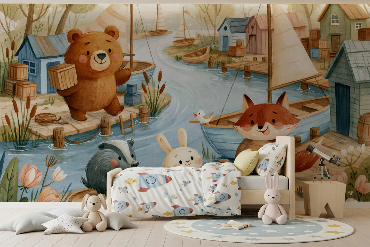 Friendly Woodland Friends at the Docks Wall Mural