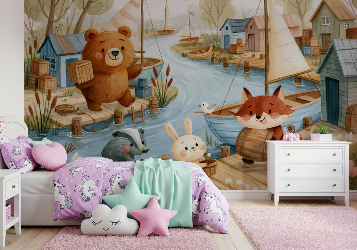 Friendly Woodland Friends at the Docks Wall Mural