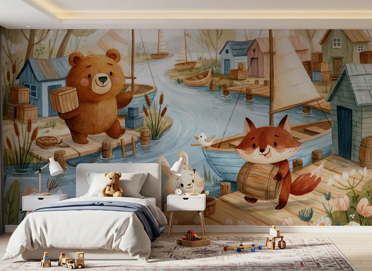 Friendly Woodland Friends at the Docks Wall Mural