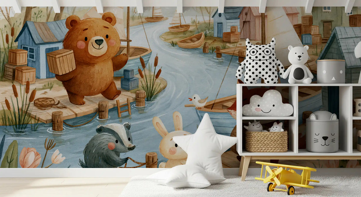 Friendly Woodland Friends at the Docks Wall Mural