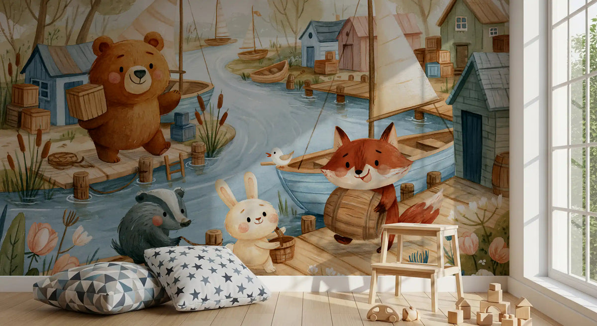 Friendly Woodland Friends at the Docks Wall Mural