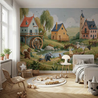 Enchanted Riverbank Woodland Animal Village Wall Mural