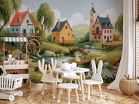 Enchanted Riverbank Woodland Animal Village Wall Mural