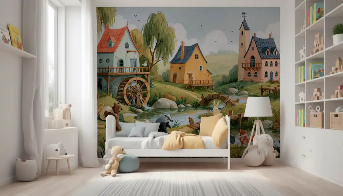 Enchanted Riverbank Woodland Animal Village Wall Mural