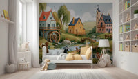 Enchanted Riverbank Woodland Animal Village Wall Mural