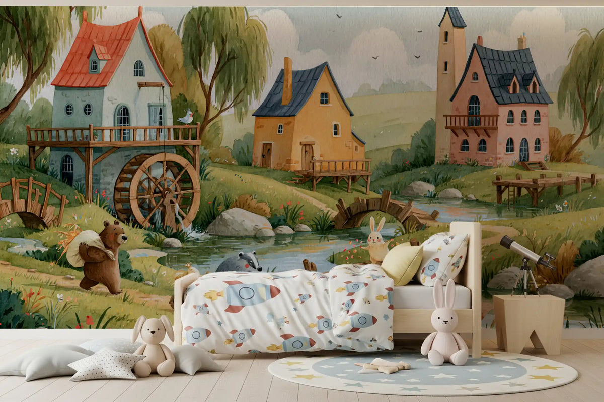 Enchanted Riverbank Woodland Animal Village Wall Mural