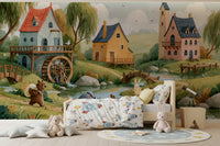Enchanted Riverbank Woodland Animal Village Wall Mural