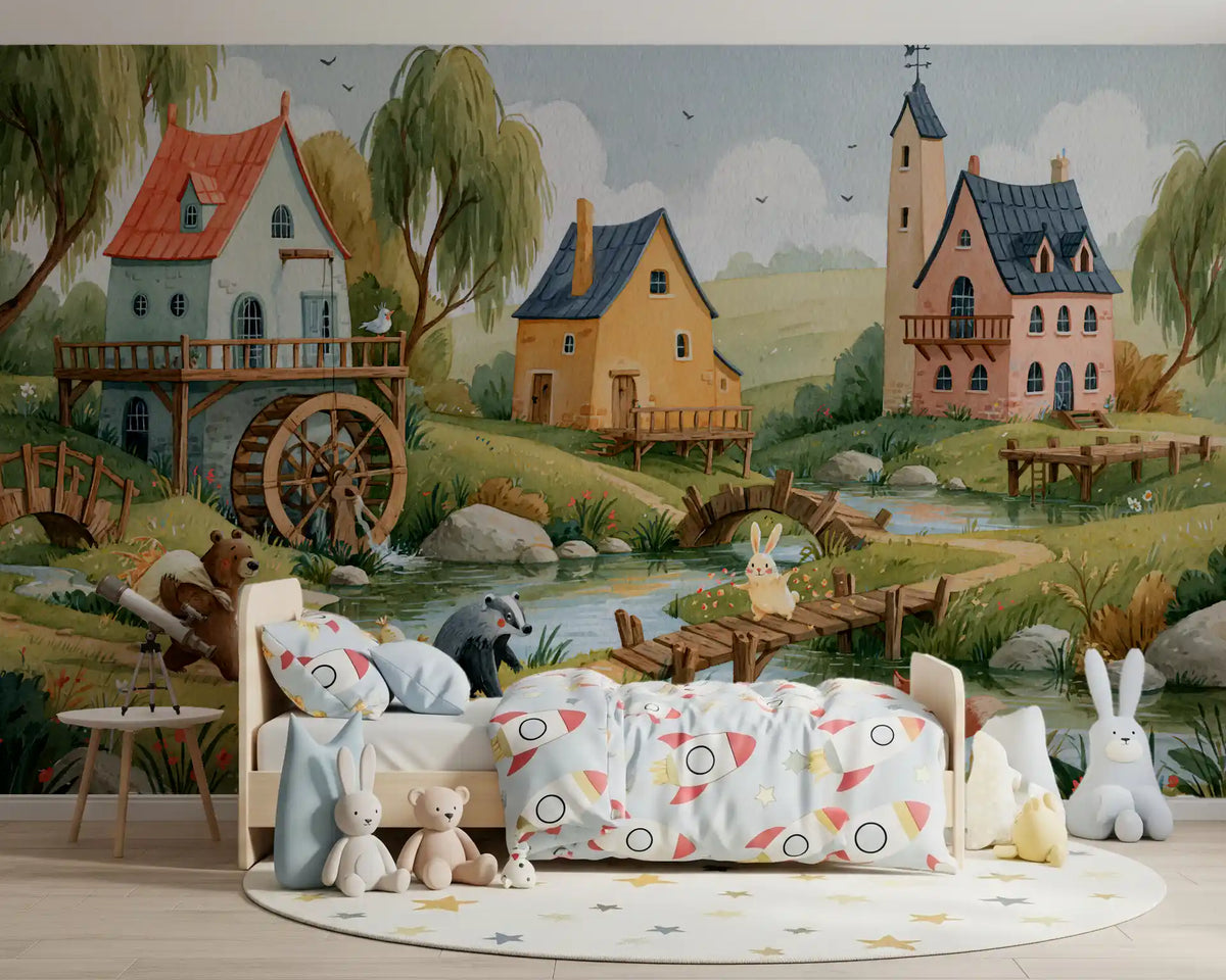 Enchanted Riverbank Woodland Animal Village Wall Mural