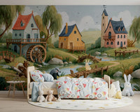 Enchanted Riverbank Woodland Animal Village Wall Mural