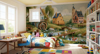 Enchanted Riverbank Woodland Animal Village Wall Mural
