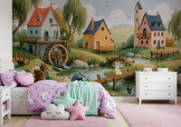 Enchanted Riverbank Woodland Animal Village Wall Mural